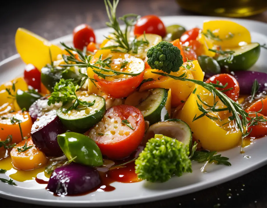 Piatto di pasta integrale con verdure fresche di stagione e erbe aromatiche