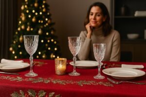 una tavola natalizia elegante con una tovaglia natale elegante rossa ricamata, bicchieri in cristallo e una donna sullo sfondo che osserva con un sorriso pensieroso.