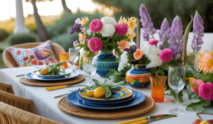 Tavola estiva elegante con candele e fiori freschi
