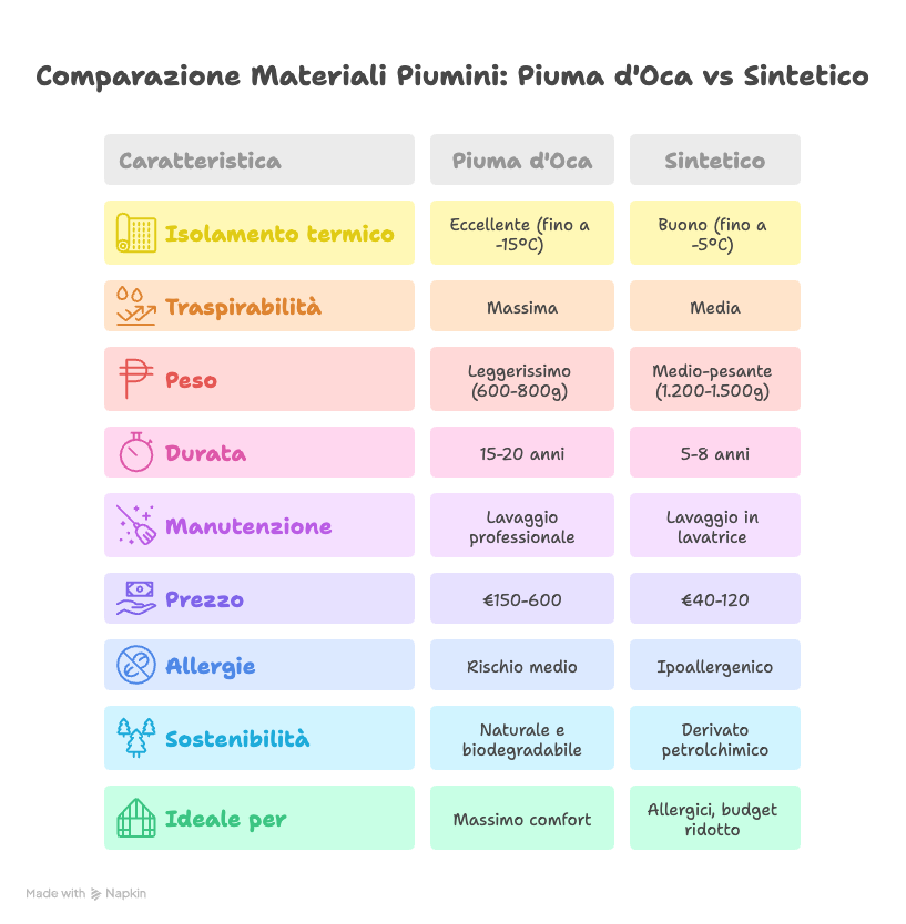 Tabella comparativa piumini naturali vs sintetici: isolamento termico, traspirabilità, durata e prezzi a confronto