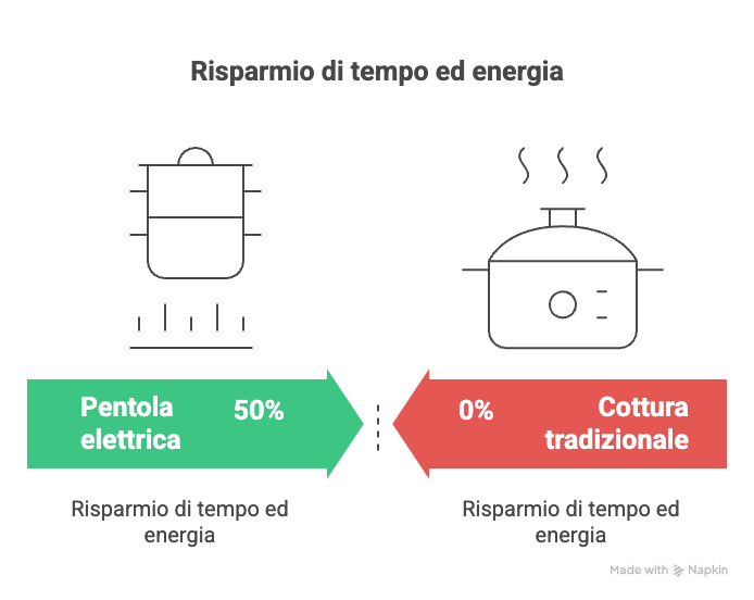 Infografica risparmio tempo ed energia pentola elettrica vs cottura tradizionale