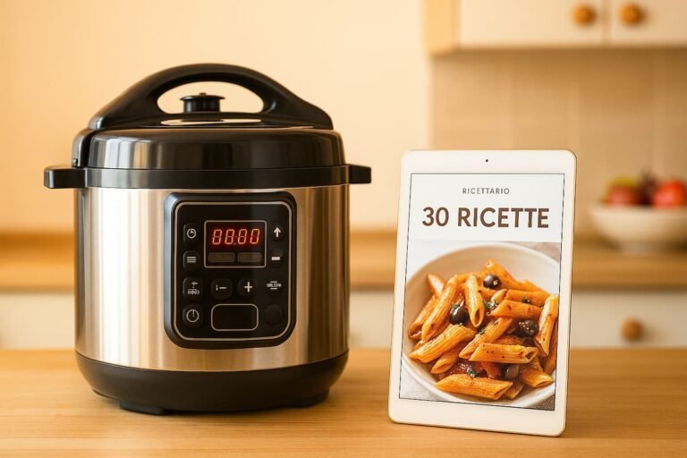 Vari piatti appetitosi preparati con ricette pentola a pressione elettrica disposti su una tavola elegante