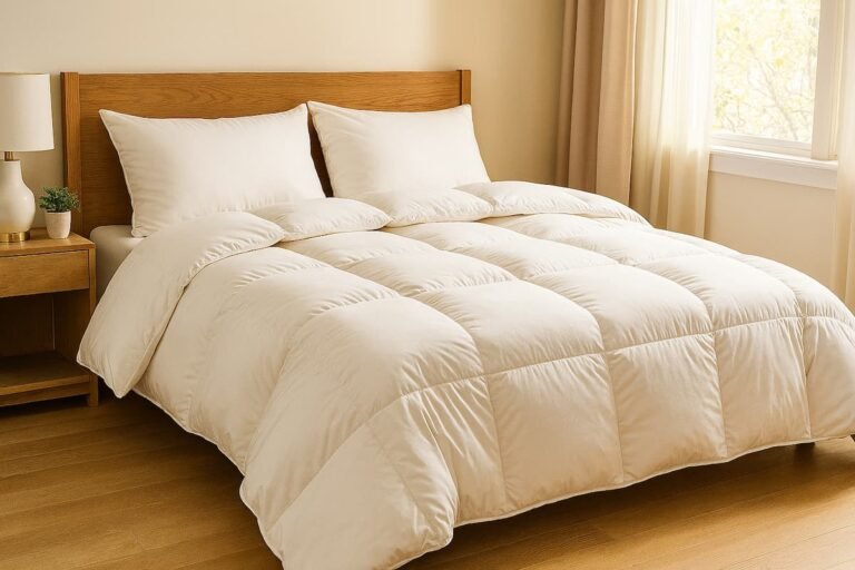 Camera da letto accogliente con piumino invernale bianco su letto matrimoniale