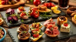 Tavola con antipasti natalizi assortiti - tartine, bruschette, insalata di mare