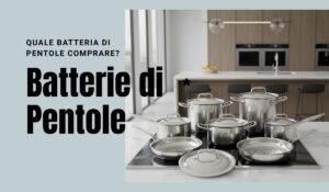 Batteria di pentole in acciaio inox completa con pentole e padelle su piano cottura moderno