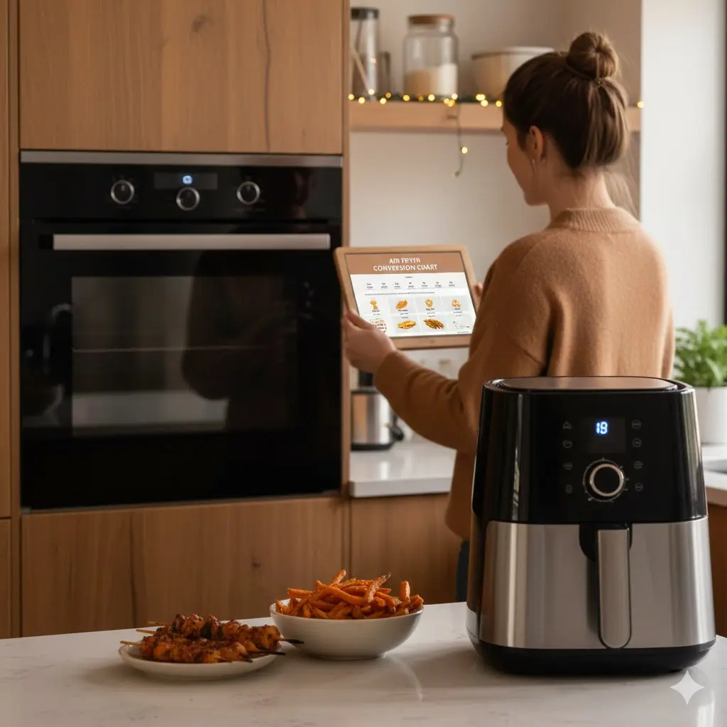 Immagine di copertina per articolo su come convertire ricette da forno a friggitrice ad aria.