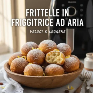 Frittelle in friggitrice ad aria spolverate di zucchero a velo in una ciotola di legno, con scorza di limone e una frittella aperta che mostra l'interno soffice. Sullo sfondo una friggitrice ad aria e il testo "Frittelle in Friggitrice ad Aria: Veloci & Leggere.
