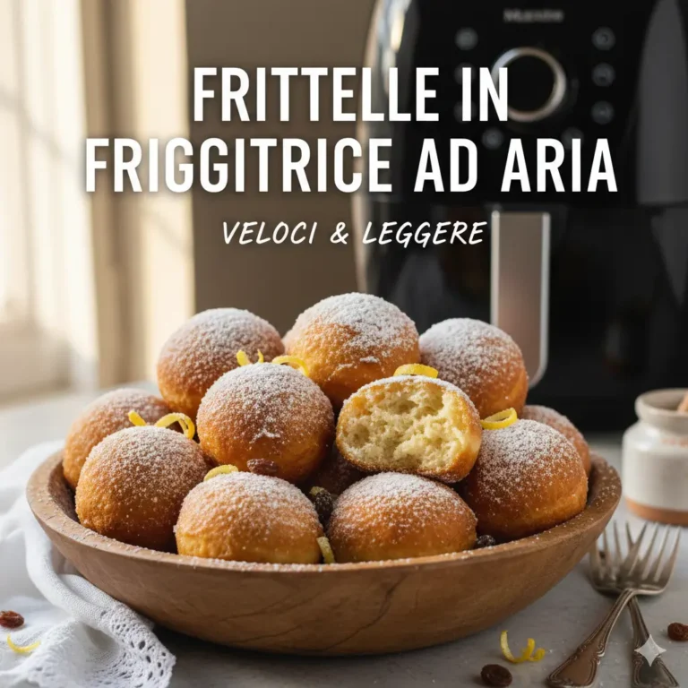 Frittelle in friggitrice ad aria spolverate di zucchero a velo in una ciotola di legno, con scorza di limone e una frittella aperta che mostra l'interno soffice. Sullo sfondo una friggitrice ad aria e il testo "Frittelle in Friggitrice ad Aria: Veloci & Leggere.