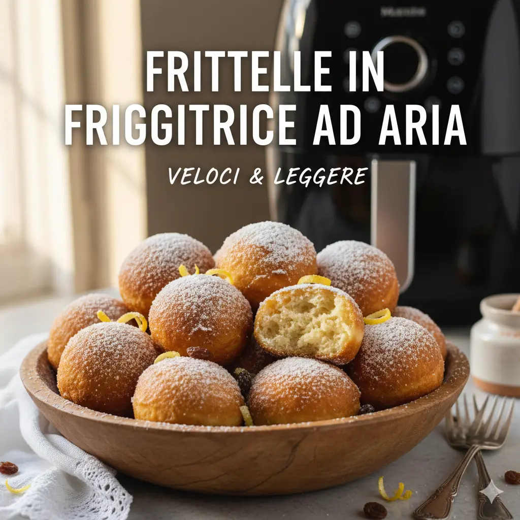 Frittelle in friggitrice ad aria spolverate di zucchero a velo in una ciotola di legno, con scorza di limone e una frittella aperta che mostra l'interno soffice. Sullo sfondo una friggitrice ad aria e il testo "Frittelle in Friggitrice ad Aria: Veloci & Leggere.