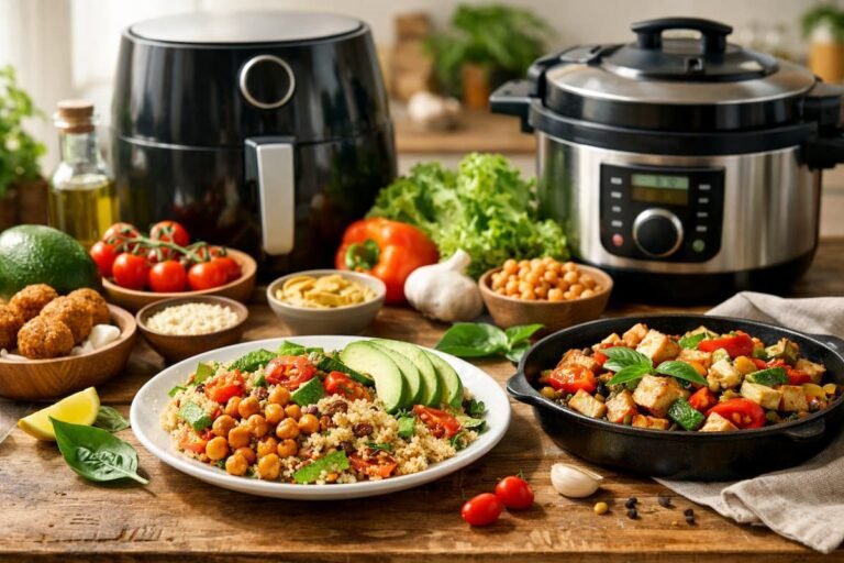 Ricette vegane facili e veloci con verdure fresche, legumi e tofu, accompagnati da airfryer e pentola a pressione in cucina luminosa e accogliente